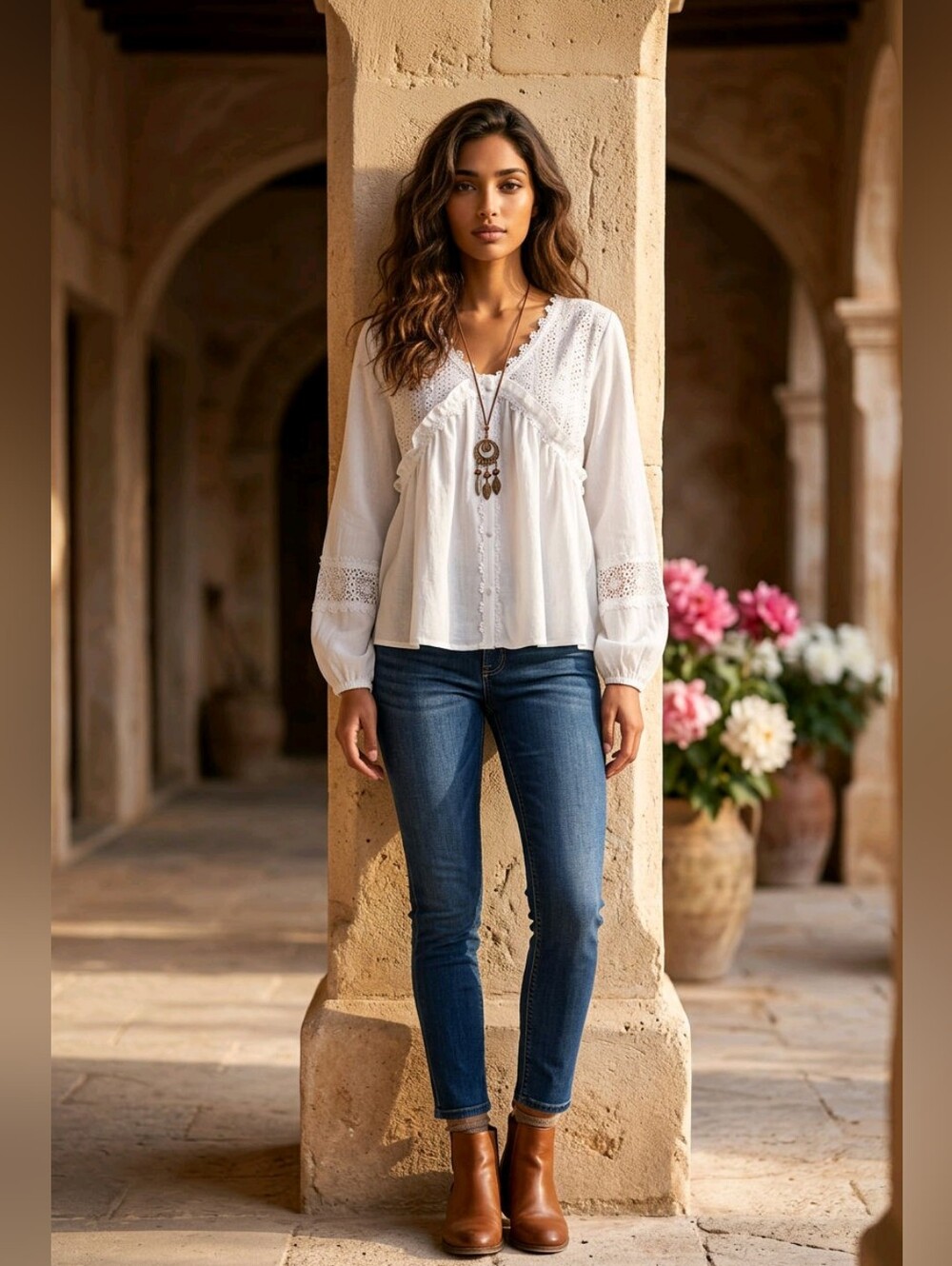 White Lace Yoke Boho Peasant Top - Picture 3 of 13